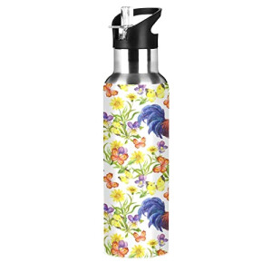 Gourde Coq multicolore inox sans bpa isotherme double paroi paille 590 ml