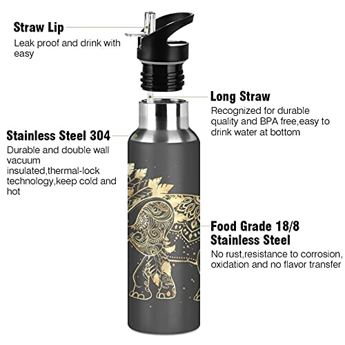 Gourde Éléphant art mode sport inox sans bpa isotherme double paroi paille 600 ml variant 1 