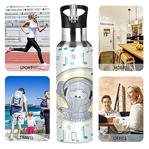 Gourde Éléphant art mode sport inox sans bpa isotherme double paroi paille 600 ml variant 3 