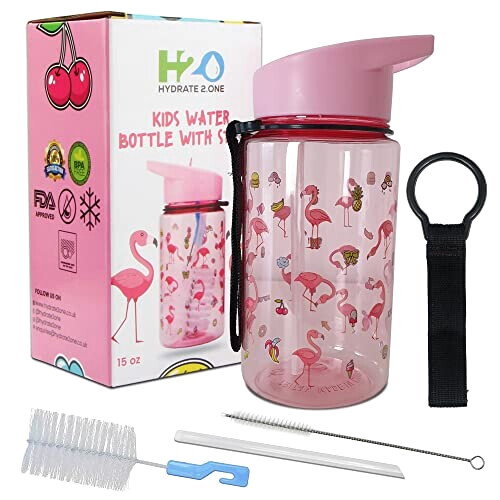 Gourde Flamant rose rose plastique sans bpa paille 400 ml