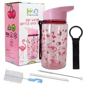Gourde Flamant rose rose plastique sans bpa paille 400 ml
