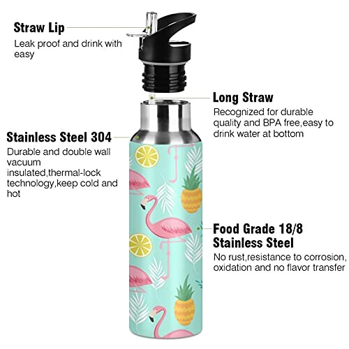 Gourde Flamant rose art mode sport inox sans bpa isotherme double paroi paille 600 ml variant 1 