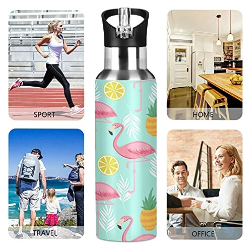 Gourde Flamant rose art mode sport inox sans bpa isotherme double paroi paille 600 ml variant 3 