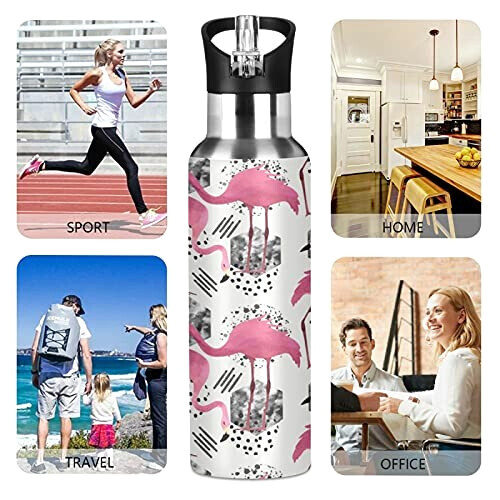 Gourde Flamant rose art mode sport inox sans bpa isotherme double paroi paille 600 ml variant 3 