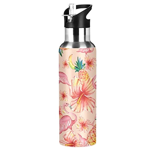 Gourde Flamant rose rose inox sans bpa isotherme pliable paille 600 ml