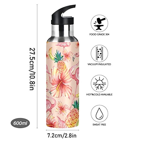 Gourde Flamant rose rose inox sans bpa isotherme pliable paille 600 ml variant 1 