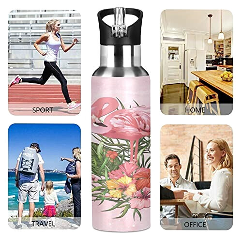 Gourde Flamant rose art mode sport inox sans bpa isotherme double paroi paille 600 ml variant 3 