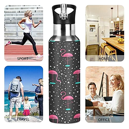Gourde Flamant rose art mode sport inox sans bpa isotherme double paroi paille 600 ml variant 3 