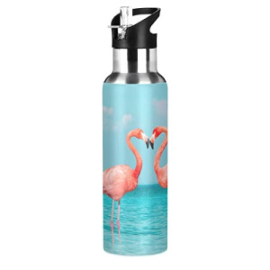 Gourde Flamant rose bleu inox sans bpa isotherme pliable paille 600 ml
