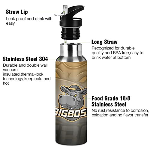 Gourde Hippopotame art mode sport inox sans bpa isotherme double paroi paille 600 ml variant 1 