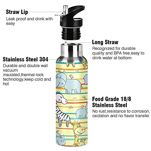 Gourde Hippopotame multicolore inox sans bpa isotherme double paroi paille 600 ml variant 1 
