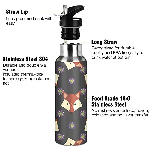 Gourde Renard art mode sport inox sans bpa isotherme double paroi paille 600 ml variant 1 