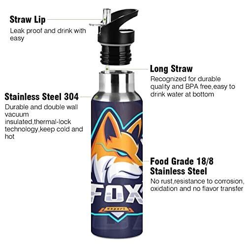 Gourde Renard art mode sport inox sans bpa isotherme double paroi paille 600 ml variant 1 