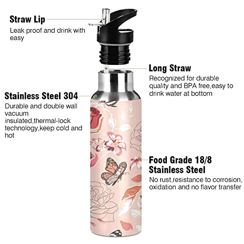 Gourde Papillon art mode sport inox sans bpa isotherme double paroi paille 600 ml variant 1 