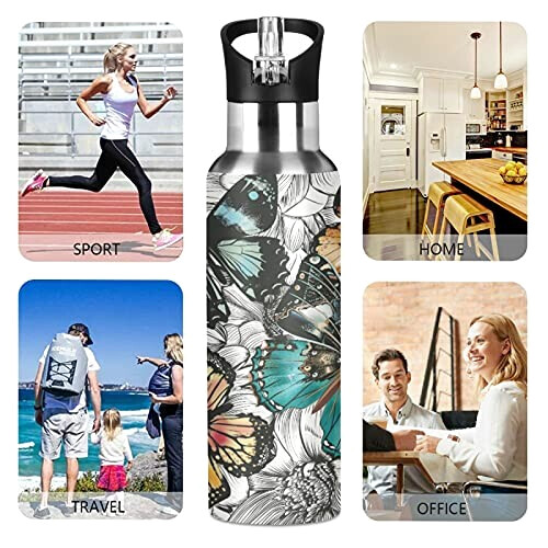 Gourde Papillon art mode sport inox sans bpa isotherme double paroi paille 600 ml variant 3 