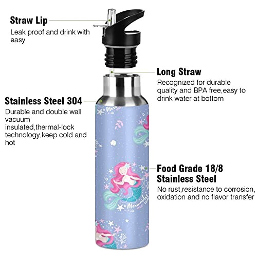Gourde Sirène art mode sport inox sans bpa isotherme double paroi paille 600 ml variant 1 