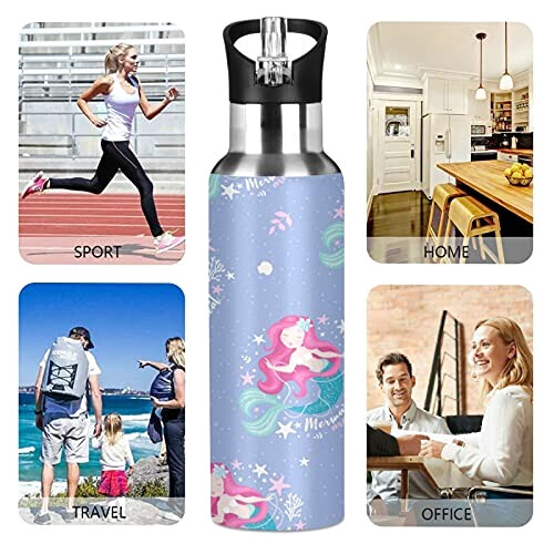 Gourde Sirène art mode sport inox sans bpa isotherme double paroi paille 600 ml variant 3 